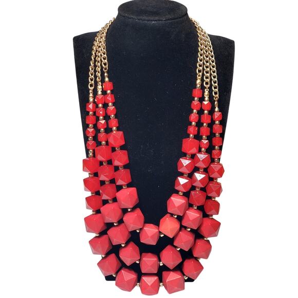 Charming Charlie Layered Necklace Chunky Plastic Beaded Red Gold Tone 16" - Picture 1 of 5
